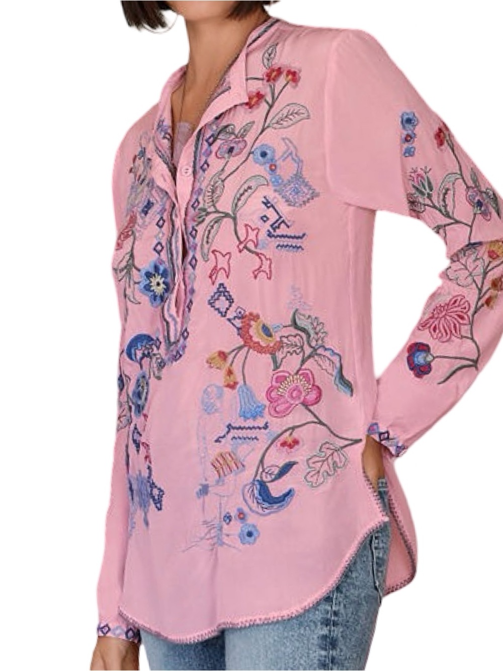 Johnny Was Biya Women’s Size M Taffy Pink Embroidered Nya Silk Blouse Shirt